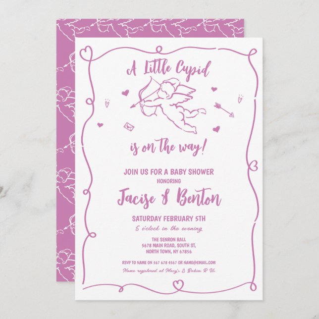 Valentines Baby Shower Cupid Girl Rosa Kärlek Inbjudningar (Fram/baksida)