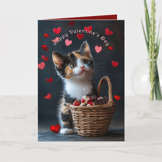 Valentine's Calico Kitten Chocolates Red Hearts  Kort (Framsida)