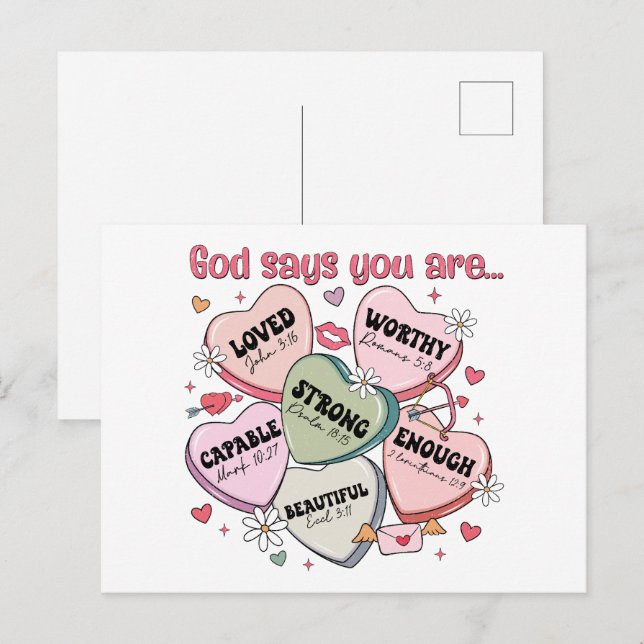 Valentine's Candy Hearts Kristna Vykort (Fram/baksida)