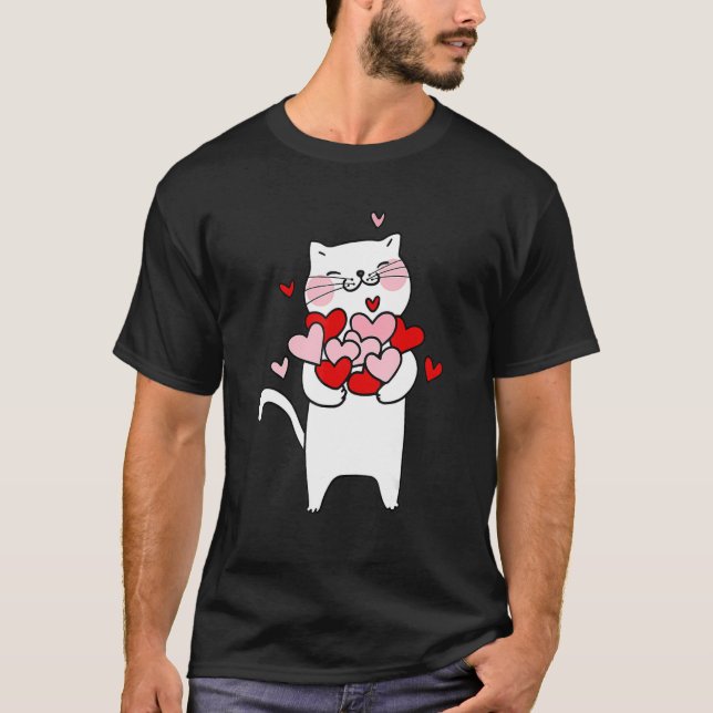 Valentine's Cat Holding Hearts Cat Lover Cat Owner T Shirt (Framsida)