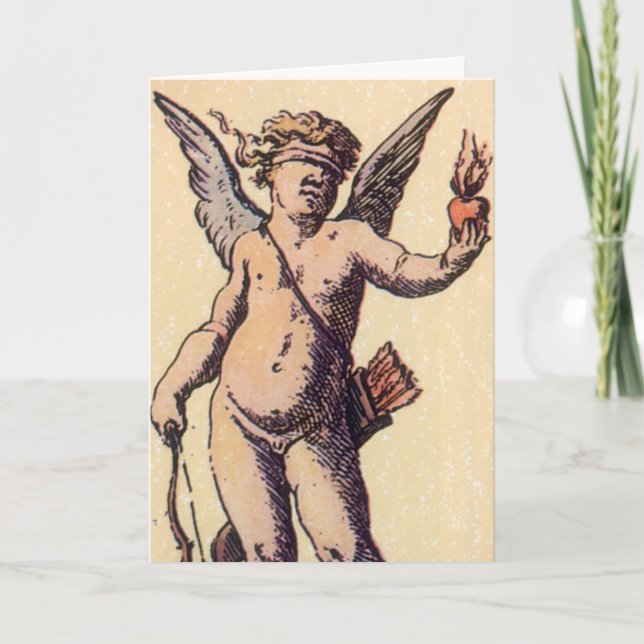 Valentines Cupid med förblindande ögonbindel, Vint Helgkort (Framsida)