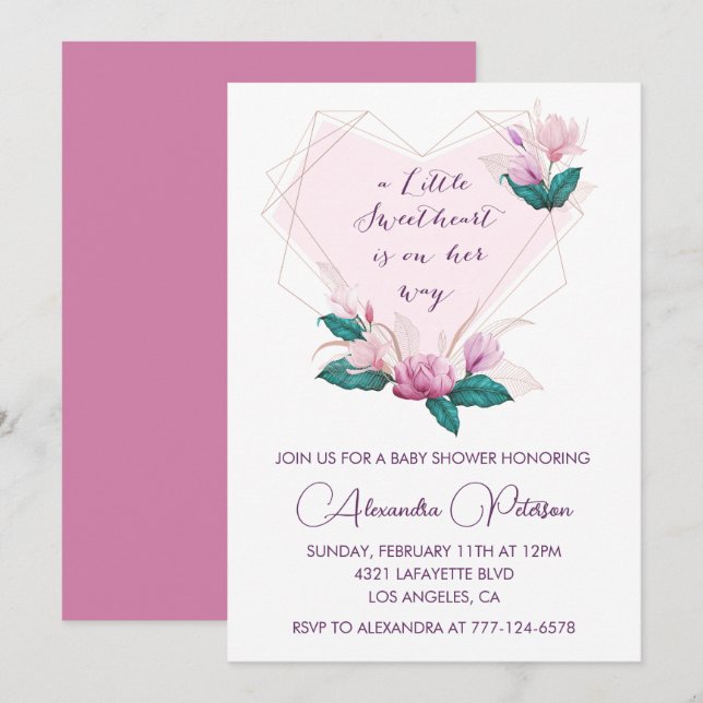 Valentines dag baby shower inbjudan Elegant rosa (Fram/baksida)