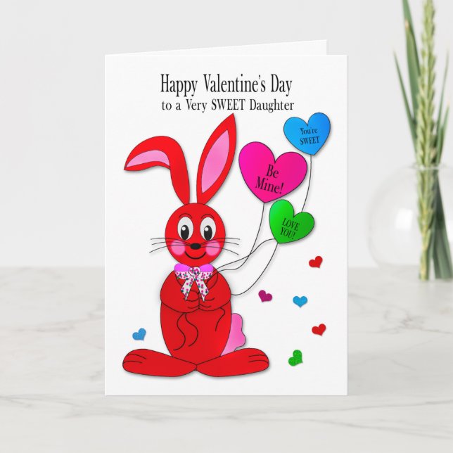 Valentines  daughter Red Bunny Heart Balloons Card Kort (Framsida)