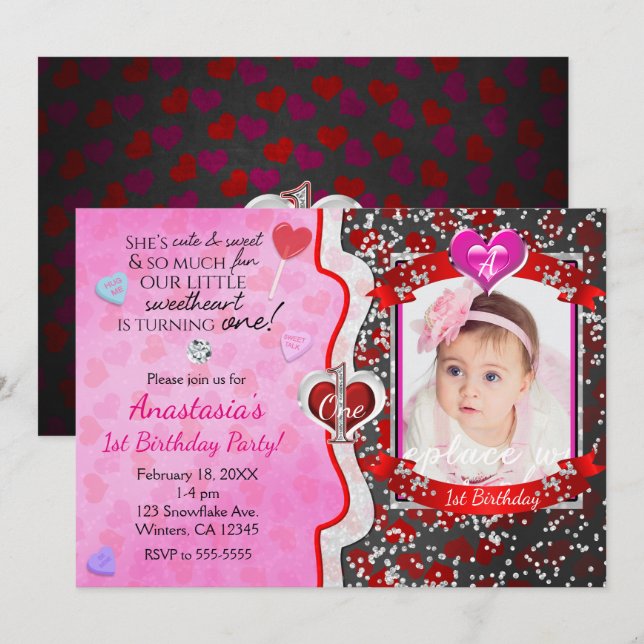 Valentine's Day 1:a födelsedags foton inbjudningar (Fram/baksida)