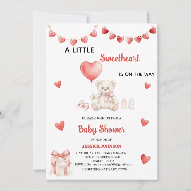 Valentine's Day Baby Shower Teddy Bear Hearts  Inbjudningar (Framsida)