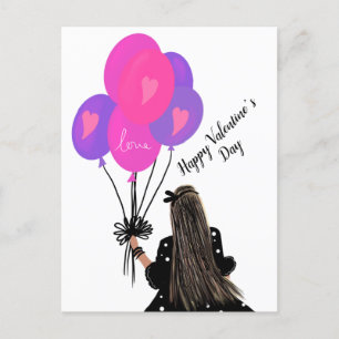 Valentines Day Ballong Chic Tjej Illustration Rosa Vykort