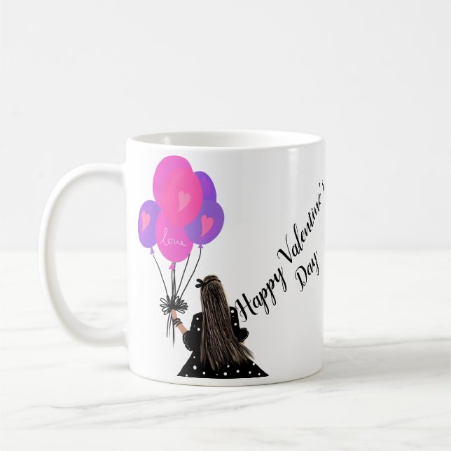 Valentines day Balloon Chic Girl Illustration Kaffemugg (Vänster)