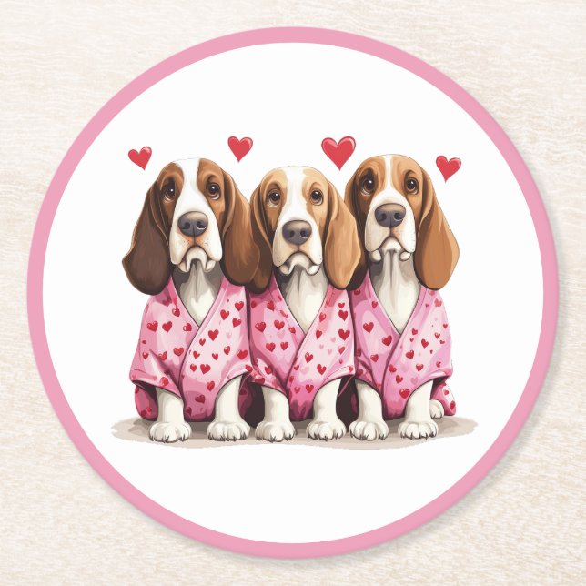 Valentines day Basset Hound Hundar Underlägg Papper Rund (Framsidan)