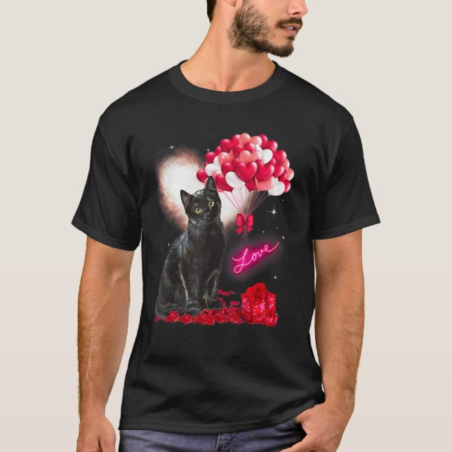 Valentines day Black Cat Heart Balloon Tass Cat T Shirt (Framsida)