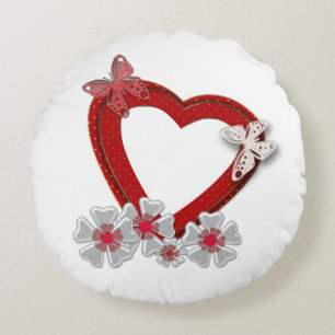 Valentines day blommor blommigt röd hjärtfjäril rund kudde