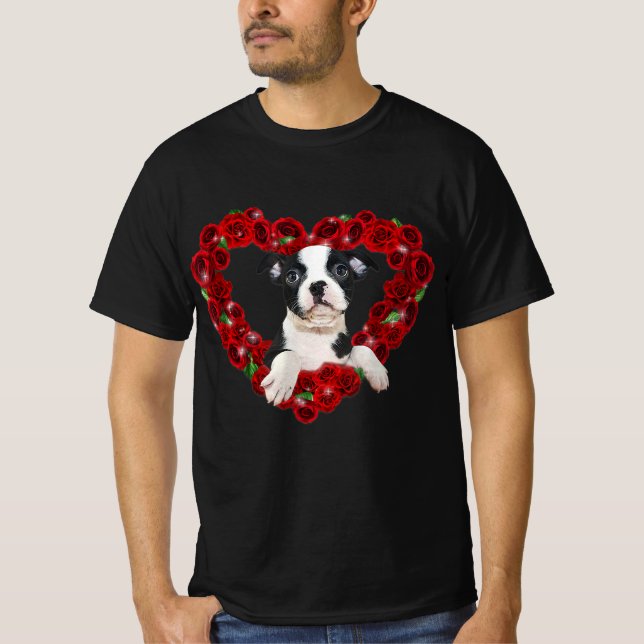 Valentines day Boston Terrier Heart Rosor Gift Hun T Shirt (Framsida)
