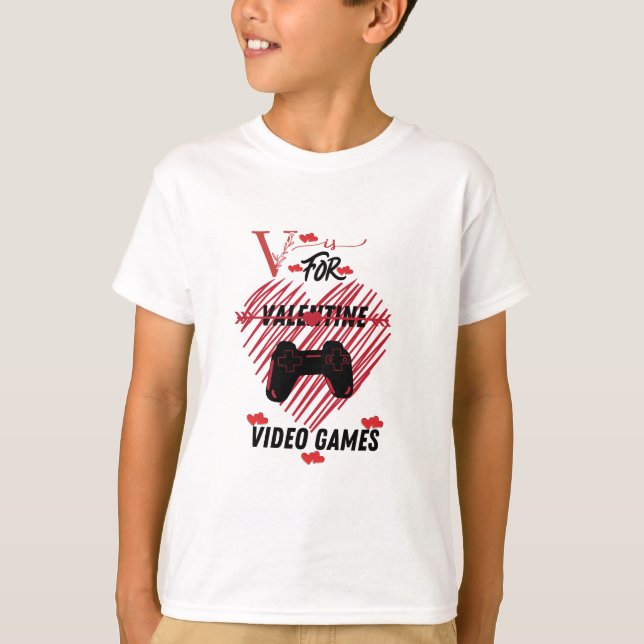 Valentines Day Boys Kids Son V Is For Video Games T Shirt (Framsida)