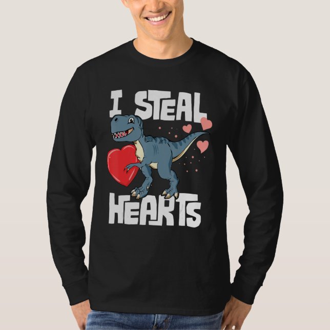 Valentines Day Boys T Rex Dinosaur I Steal Hearts T Shirt (Framsida)