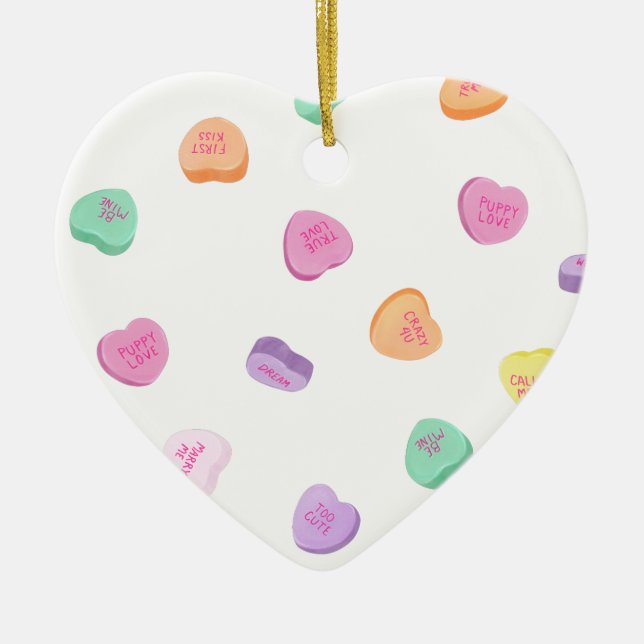 Valentines day Candy Hearts Mönster Julgransprydnad Keramik (Framsidan)