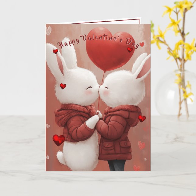 Valentine's Day Card Bunnies Red Hearts  Kort (Gul blomma)