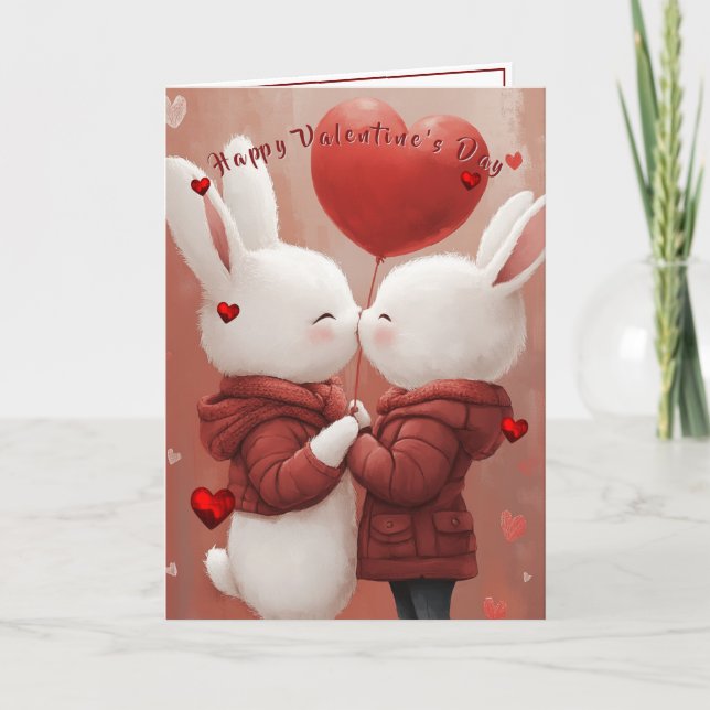 Valentine's Day Card Kissing Bunnies Red Hearts Kort (Framsida)