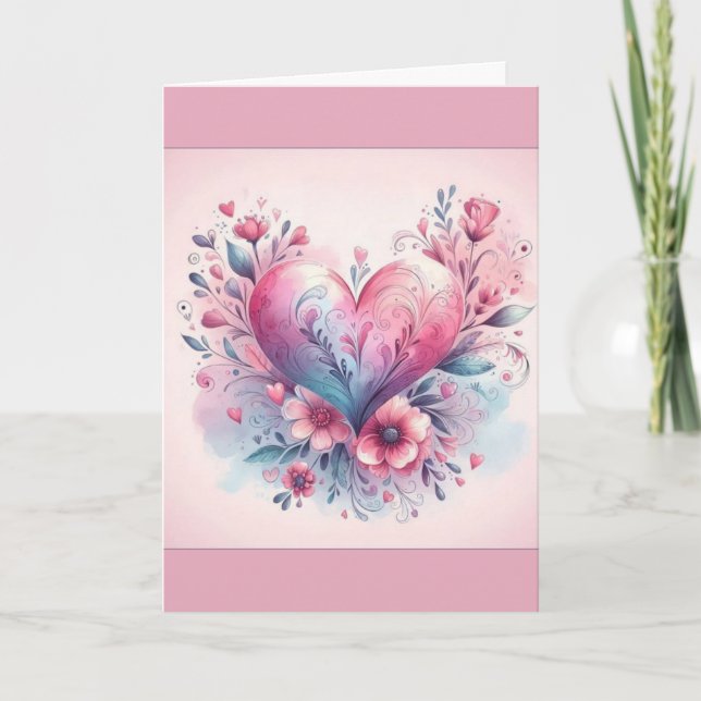 Valentine's Day Card Pink Flowers Pink Heart Tack Kort (Framsida)