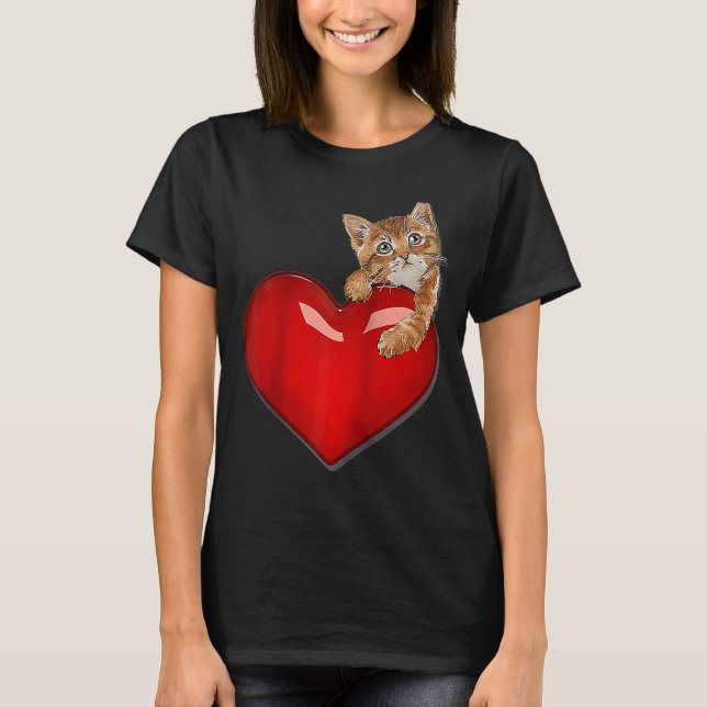 Valentines day Cat w Red Heart söt kitten valenti T Shirt (Framsida)