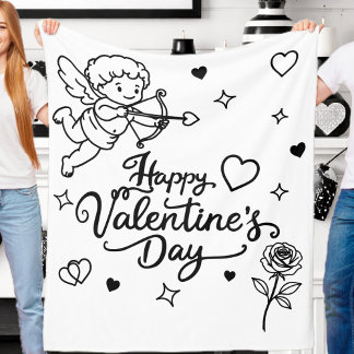 Valentines Day Cherub & Romantic Doodle Design Fleecefilt