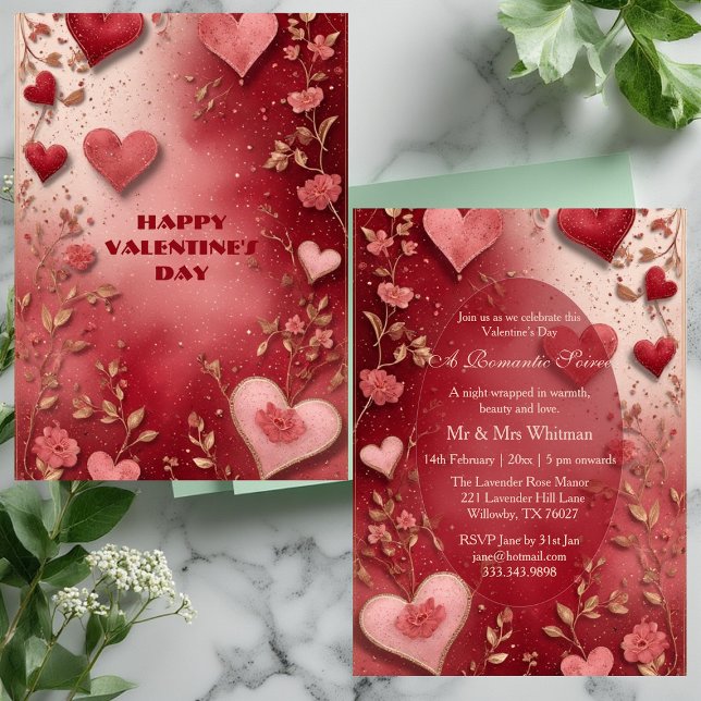 Valentines Day Couple's Romantic Soiree Red Hearts Inbjudningar (Valentines Day Couple's Romantic Soiree Red Hearts Invitation)