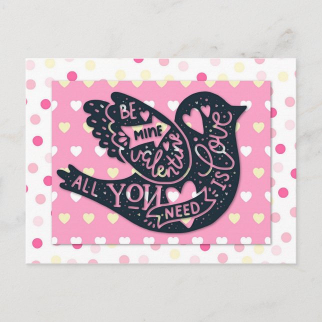 Valentines day Cute Bird Polka dots Vykort (Framsida)