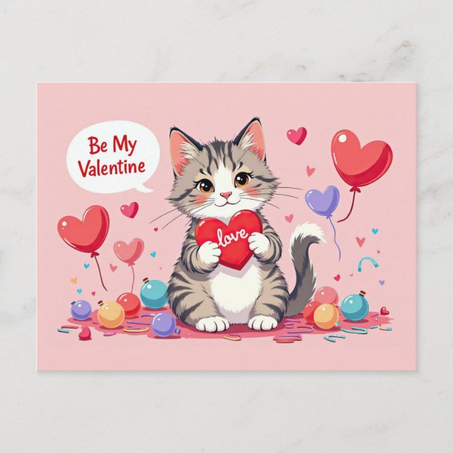 Valentines Day Cute Cat Hearts Be My Valentine Vykort (Framsida)