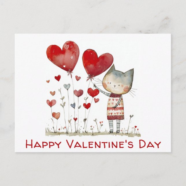 Valentines day Cute Cat Hearts Watercolor Vykort (Framsida)