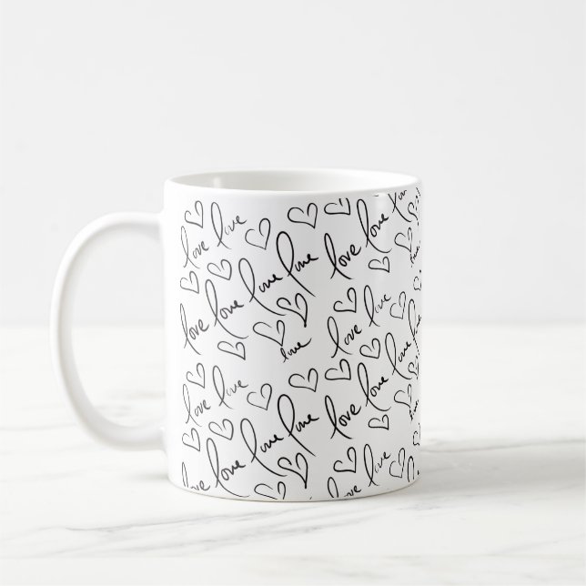 Valentines day Cute Hand plockade Hearts Black Whi Kaffemugg (Vänster)