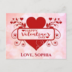 Valentines day Cute Red Rosa Heart Lägg till Namn Vykort