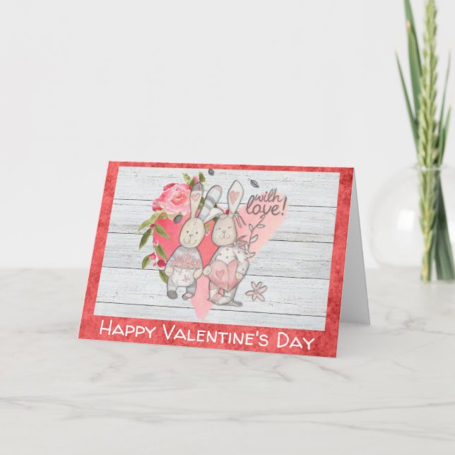 Valentines day Cute Rustic Bunny Rabbit Kort (Framsida)