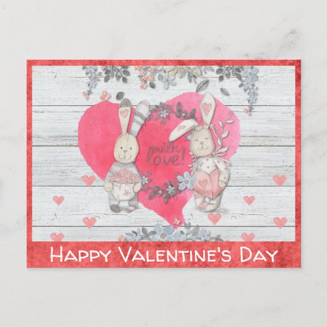 Valentines day Cute Rustic Bunny Rabbit Vykort (Framsida)