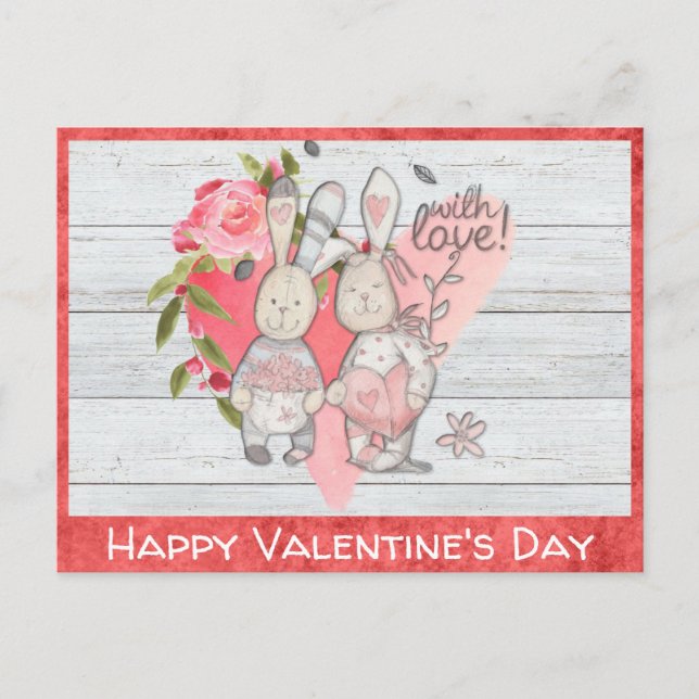 Valentines day Cute Rustic Bunny Rabbit Vykort (Framsida)
