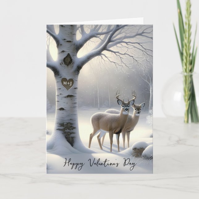Valentine's Day Deer with Initials on Tree Heart Helgkort (Framsida)