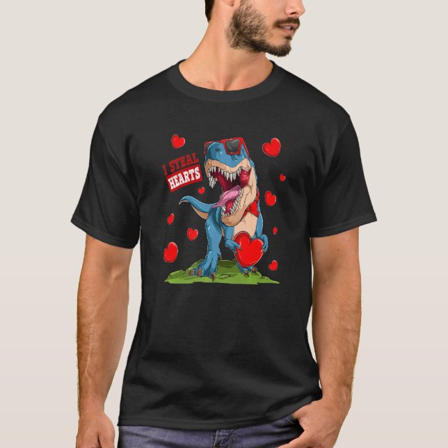 Valentines Day Dinosaur I Steal Hearts Boys Men Lo T Shirt (Framsida)