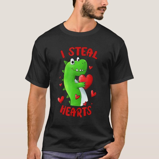 Valentines Day Dinosaur I Steal Hearts Kids Love r T Shirt (Framsida)
