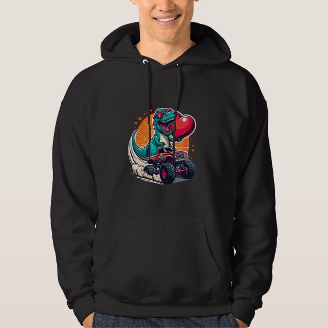Valentine's Day Dinosaur Monster Truck Heart in Lo Hoodie (Framsida)