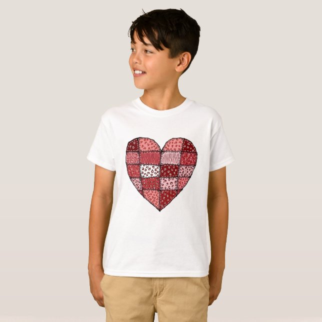 Valentine's Day Doodle Art Patchwork Heart Kids T Shirt (Hel framsida)