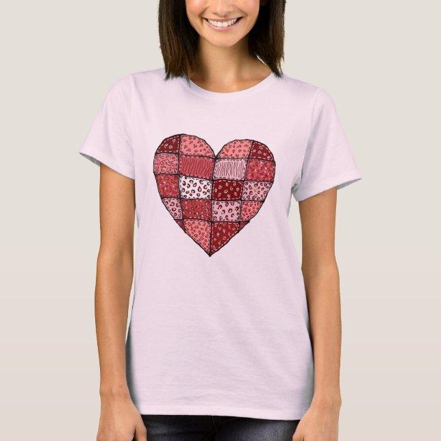 Valentine's Day Doodle Art Style Patchwork Heart  T Shirt (Framsida)