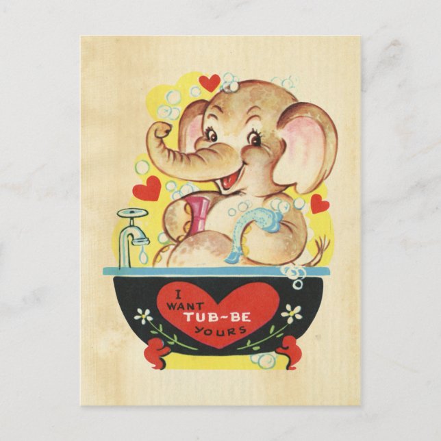 Valentines day Elephant Kid Animal Retro Red Heart Helg Vykort (Framsida)