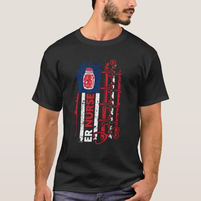 Valentines Day ER Nurse Stethoscope American Flag  T Shirt (Framsida)