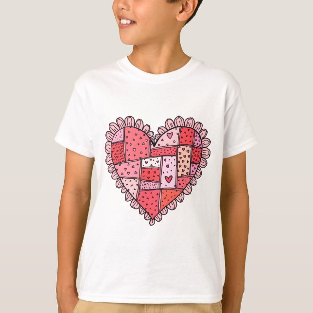 Valentine's Day Faux Patchwork Heart Doodle Kids T Shirt (Framsida)