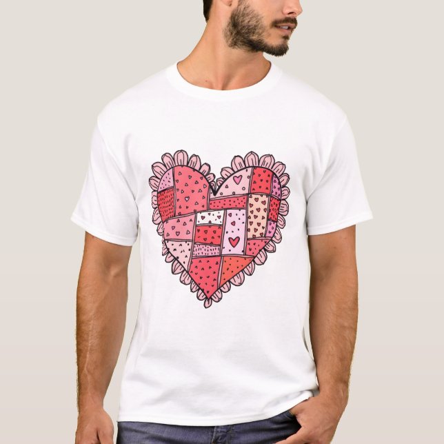 Valentine's Day Faux Patchwork Heart Doodle Style T Shirt (Framsida)