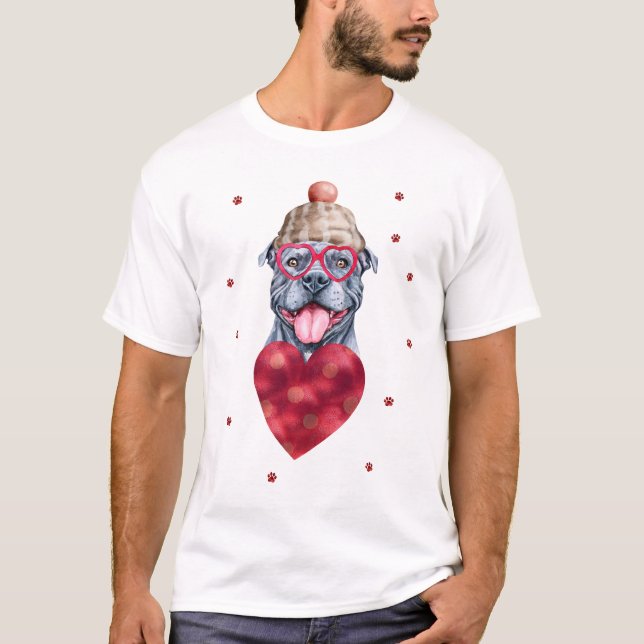 Valentines Day Gift Grått Pitbull Hund T Shirt (Framsida)