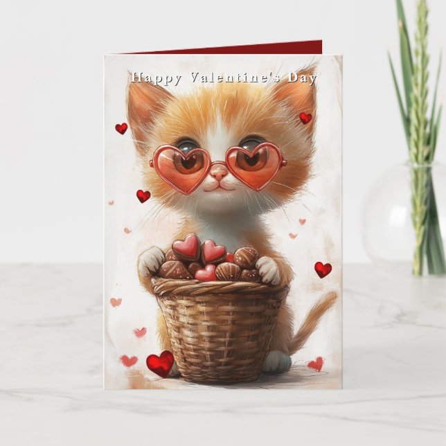 Valentine's Day Ginger Cat Basket Hearts  Kort (Framsida)