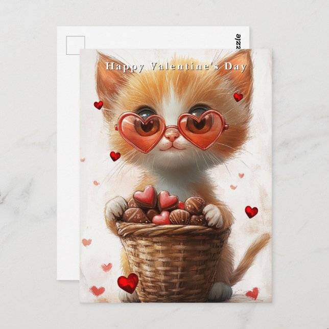 Valentine's Day Ginger Cat Basket Hearts  Vykort (Fram/baksida)