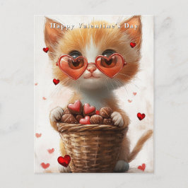 Valentine's Day Ginger Cat Basket Hearts  Vykort