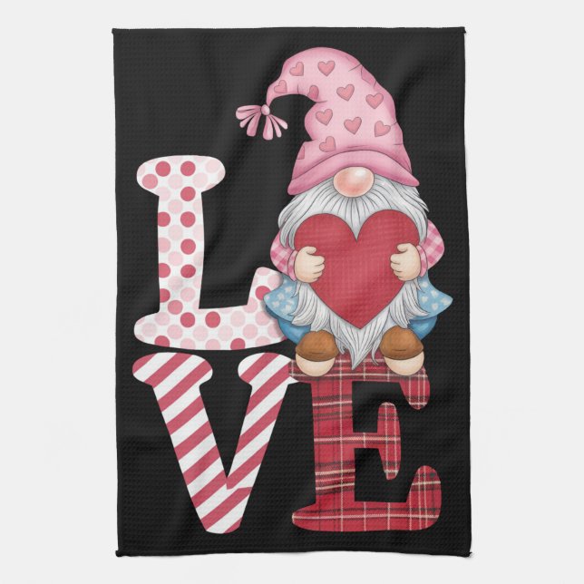 Valentines day Gnome Kärlek par gåvor till henne Kökshandduk (Vertikal)