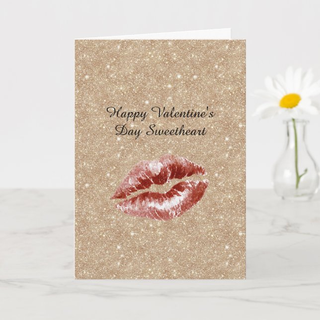Valentine's Day Gold Glitter Red Lips Kiss Kort (Liten växt)