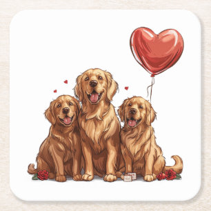 Valentines day Golden Retriever Hund Underlägg Papper Kvadrat