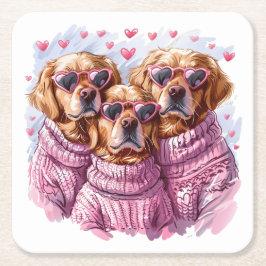 Valentines day Golden Retriever Hundar Underlägg Papper Kvadrat